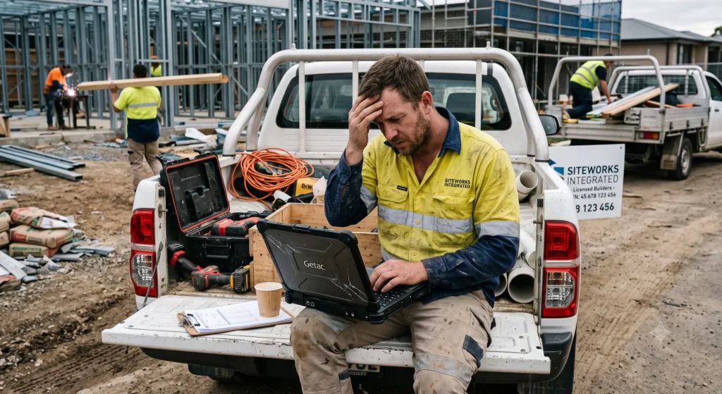 Self-employed builder looking stressed while checking cash flow and options to secure self-employed home loans in Australia, using 2-BAS alt-doc solutions and manual underwriting.