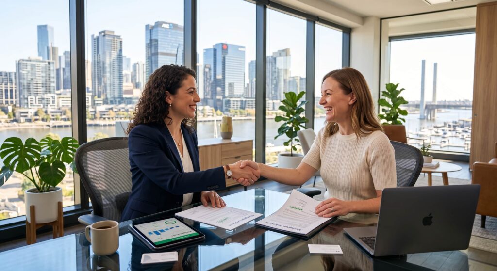 A professional Victorian Mortgage Group BDM and a smiling broker shaking hands across a glass desk in a bright, modern office with a city skyline in the background.