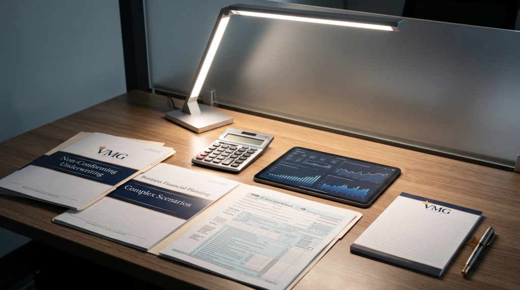 A professional desk setup featuring VMG branded financial documents, a calculator, and a digital tablet displaying charts, illustrating the manual underwriting process for ATO tax debt consolidation and complex lending scenarios.
