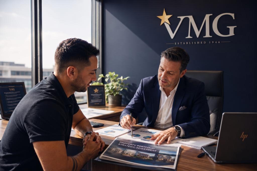 A Victorian Mortgage Group specialist sitting at a desk, manually reviewing a property portfolio investment document with a client to navigate complex credit scenarios.
