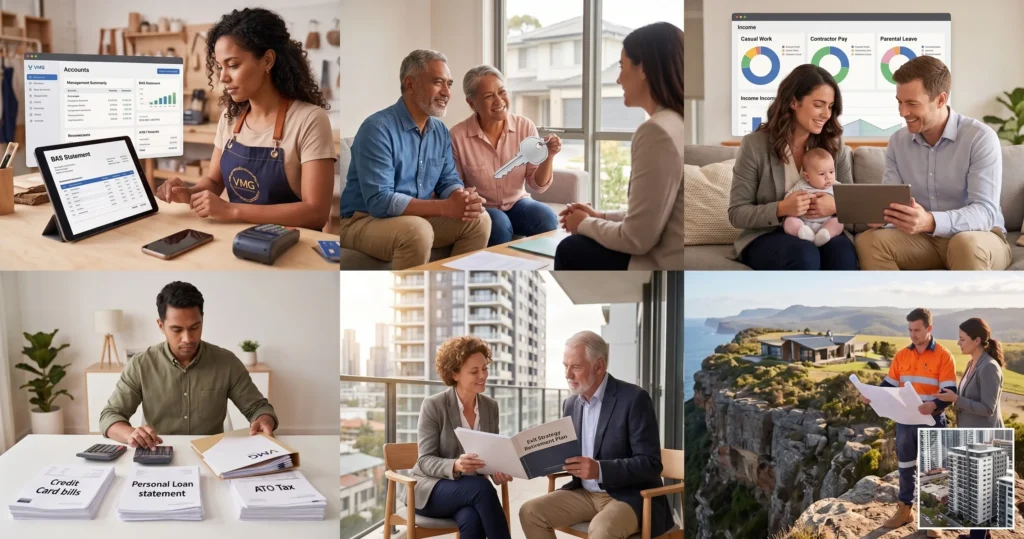 A diverse group of Australian professionals and business owners representing different borrower profiles.