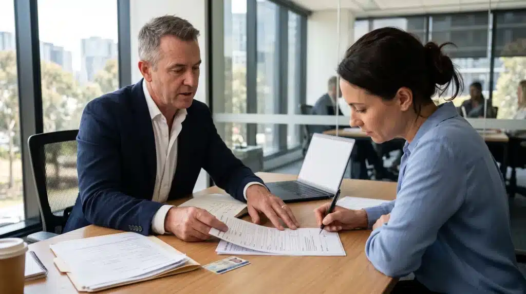 A mortgage broker explaining near prime home loan documents to a client in an Australian office