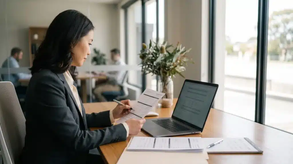 A mortgage broker reviewing loan application documents at a desk in an Australian office