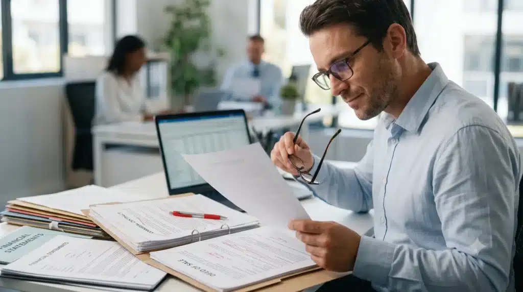 Credit analyst reading commercial contracts and financial documents during a manual loan assessment