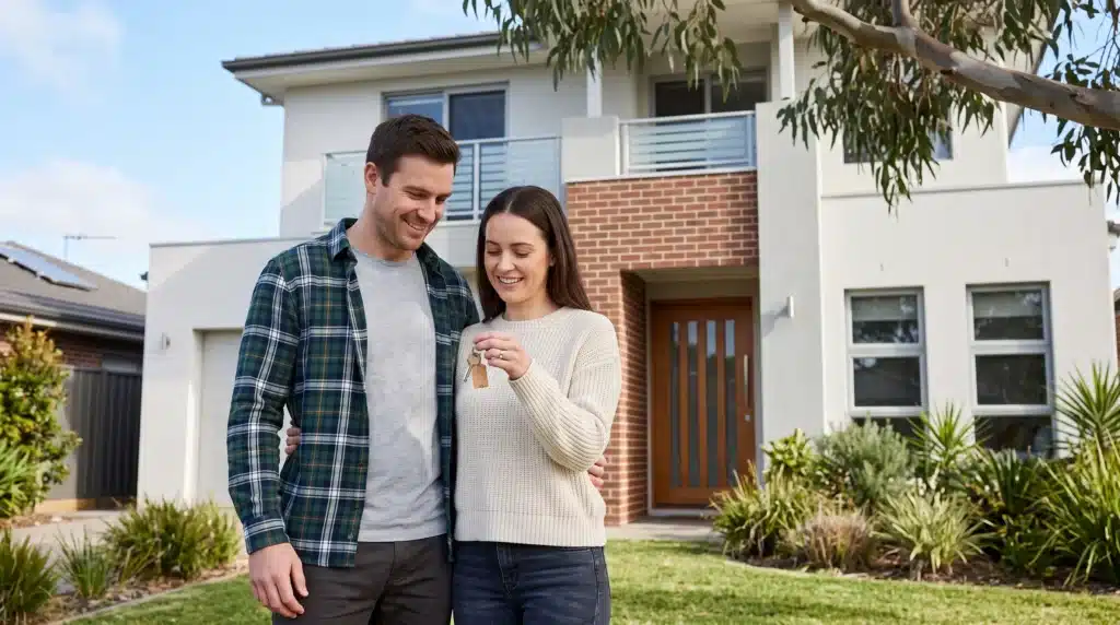 A couple outside their suburban family home on an established Australian residential street.