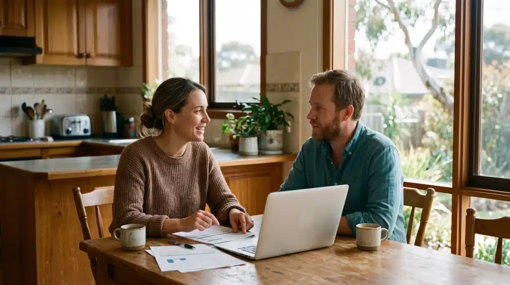 A self-employed business couple going through financial records at a kitchen table