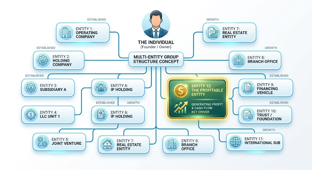 Twelve-entity property investment group structure used in a specialist lending case study
